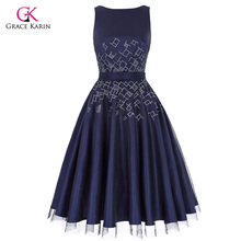 Grace Karin Sleeveless Crew Neck V-Back Tulle Netting+Satin Retro Vintage Flared A-Line Dress CL010468-1